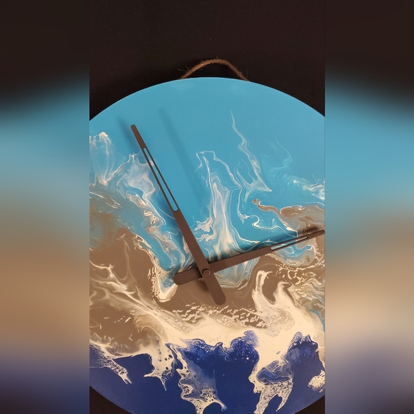 18" Circular Hand-Painted Wall Clock, Blue tones, White, Gray, minimalist style - Picture 4 of 5